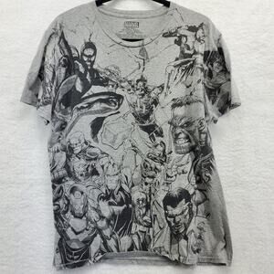 Marvel Superheroes All Over Graphic T Shirt Mens Large Black White Crew Neck